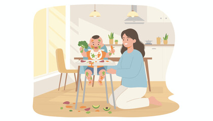 Fototapeta premium Joyful baby explores solid food creating a happy mess with loving mom in the kitchen