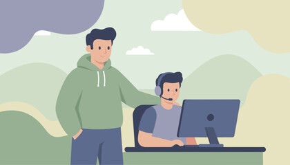 Man supports studentgamer at computer with headset teamwork and online learning