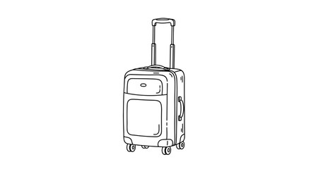 A black and white illustration of a rolling suitcase with handle extended, ready for travel.