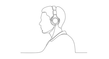 Line art of a person wearing headphones, side profile.