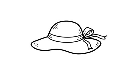 Simple line drawing of a sun hat with a ribbon tied in a bow, isolated on white.