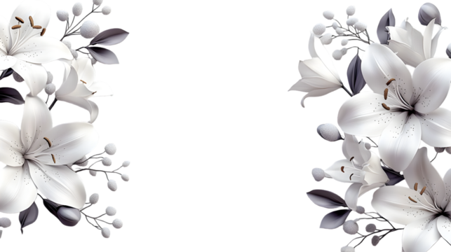 Lily border with blossoms and buds forming an elegant dual‑side frame and wide copy space, symbolizing purity and remembrance.