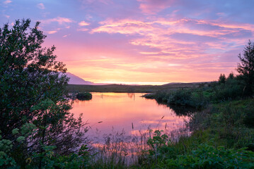 beautiful sunset on island of Hrisey in Iceland