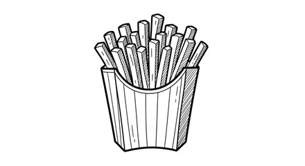 Hand-drawn illustration of french fries in a paper container, depicted in a black and white sketch style. © ndowi