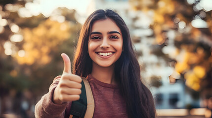 A happy young Indian college student with a bright smile gives a thumbs-up while standing confidently outdoors on campus.
