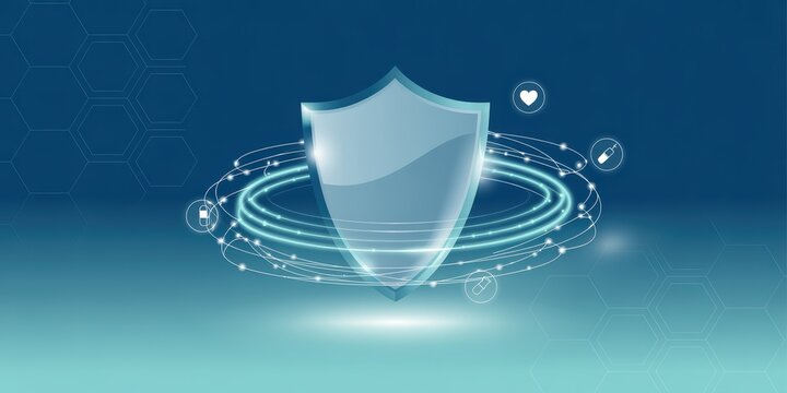 Digital Shield Icon for Cybersecurity Protection and Data Safety, Futuristic Blue Technology Background with Security Network
