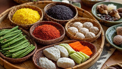 Fototapeta premium Colorful Traditional Asian Food Display with Assorted Rice and Side Dishes on Woven Bamboo Trays