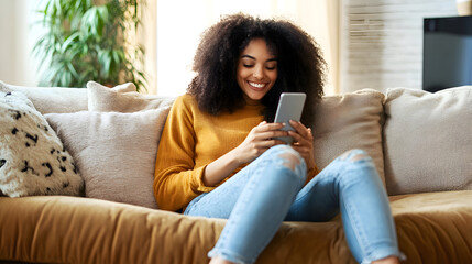A happy woman, dressed in casual yet stylish home attire, lounges on a plush sofa with her legs curled up, joyfully scrolling through her smartphone