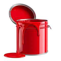 A vibrant red paint can overflows with glossy liquid, lid ajar, against a black background
