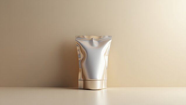 A minimalist product presentation features a metallic silver cosmetic tube against a warm, beige background, creating a simple and elegant aesthetic with diffused lighting that highlights the...