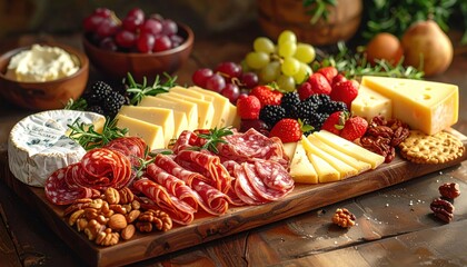 A delicious and aesthetically pleasing arrangement features a wooden serving board generously displaying an assortment of gourmet cheeses, cured meats, juicy fruits, and crunchy nuts, perfect for...