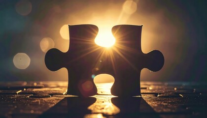 Two puzzle pieces silhouetted against a radiant, golden sunburst, forming a complete shape that symbolizes unity and connection in an atmospheric, blurred background with bokeh elements.