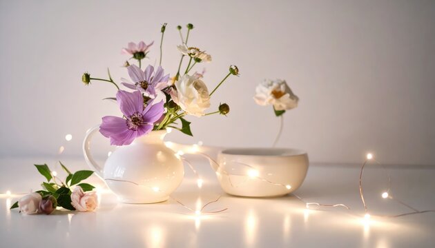 Delicate floral arrangement showcases a white ceramic pitcher holding vibrant purple and white flowers alongside a small bowl, complemented by gentle string lights, all set against a soft, neutral...