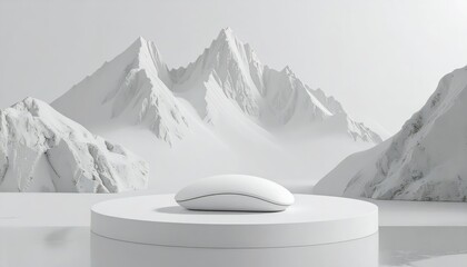 Modern wireless computer mouse resting on a circular pedestal, showcasing a minimalist design against a backdrop of abstract, snow-covered mountain peaks and a calm, reflective surface, creating a...