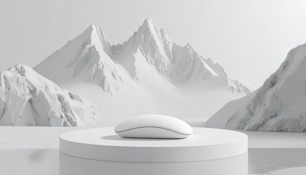 Modern wireless computer mouse resting on a circular pedestal, showcasing a minimalist design against a backdrop of abstract, snow-covered mountain peaks and a calm, reflective surface, creating a...