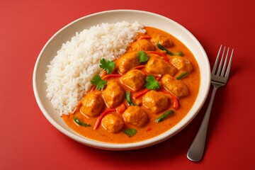 Plate of food with rice and meat on it. The meat is in a sauce and the rice is on the side
