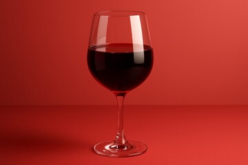 Glass of red wine is sitting on a red background. The wine is almost full, and the glass is almost empty. Concept of relaxation and enjoyment