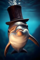 Whimsical Underwater Dolphin Illustration with Top Hat - Playful Marine Life Fantasy Art for Children's Creativity