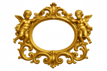 Ornate gold oval frame with cherubs, baroque style design, vintage rococo details, transparent background