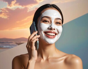 Woman with face mask talking on phone, sunset backdrop