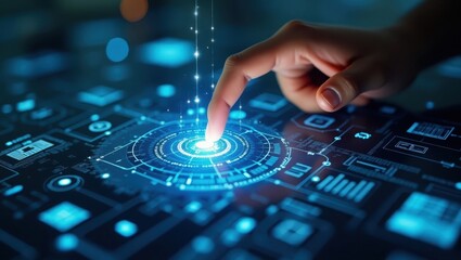 A showcases a hand interacting with a futuristic, glowing interface, represented by intricate digital circuits, lines of light, and interactive touchpoints.