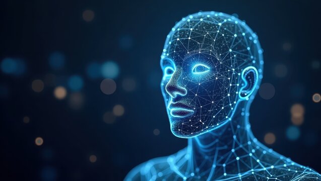 Depiction of a digital human face comprised of interconnected points and lines, glowing with a bright ethereal blue light, set against a blurred background of bokeh, illustrating concepts of...