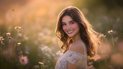 A dreamy, artistic shot of a young woman with a blissful smile, standing in a sunlit meadow