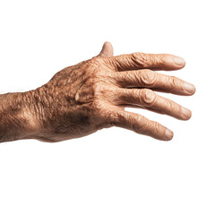 The wrinkled hand of an elderly person shows a lifetime of experience through its detailed skin texture and prominent veins isolated on a black background