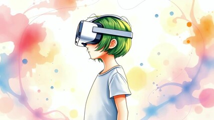 A child wearing virtual reality glasses against a bright watercolor background. cartoon, illustration style