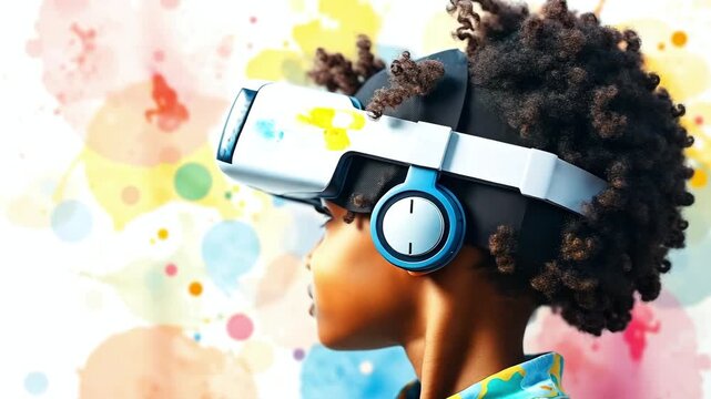 A child wearing virtual reality glasses against a bright watercolor background. The African-American boy is immersed in the atmosphere of the plot, a concept for play and child development