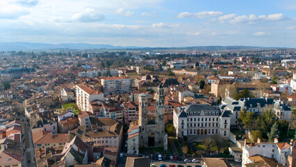 Wide aerial panoramic view of Macon city in France with urban architecture 