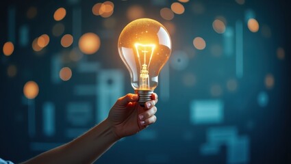 Bright glowing lightbulb held gently in a hand representing idea, innovation, or discovery on a blurred background with soft bokeh lights, conceptualizing creativity with a warm inviting ambiance.