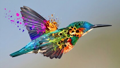A vibrant avian figure displays an array of colors and textures as it appears to be in flight against a blurred, neutral backdrop, showcasing a fusion of nature and an artistic aesthetic.