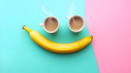 A creative flat lay composition featuring a painted yellow banana curved like a smile, with two steaming cups of coffee as eyes, arranged on a vibrant pastel background