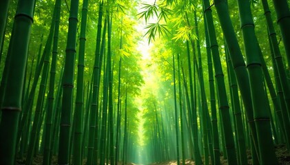 Fototapeta premium Serene Bamboo Grove Sunlight Dappled Stalks in a Peaceful, Lush Forest Setting