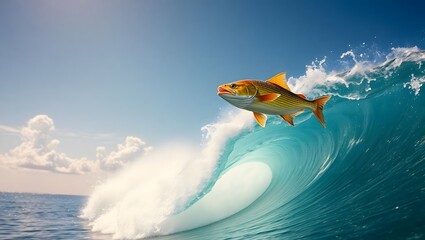 Breaching Fish in Ocean: Action Shot of Marine Life Surfing Waves - Aquatic Nature and Coastal Scenery Photography with Vibrant Colors