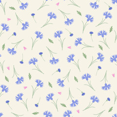 Seamless floral pattern with blue cornflowers, pink bell flowers, and green leaves