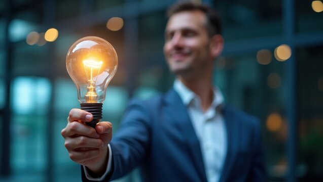 Smiling man in a professional business suit holds a glowing lightbulb, symbolizing an innovative idea, in a softly focused shot against a blurred background with warm bokeh, representing vision and...