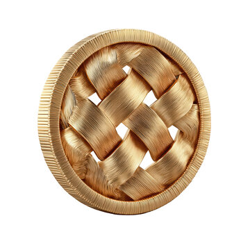 An intricate round gold medallion showcases a detailed basket weave design and a textured ribbed border against a solid black background, isolated on transparent background, perfect cutout, PNG