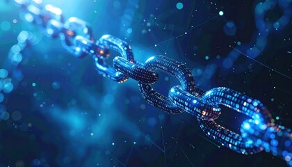 Glowing futuristic chain links with digital data flow appear in a dark blue environment, symbolizing connection, network, and advanced technology with a sense of innovation and seamless communication.