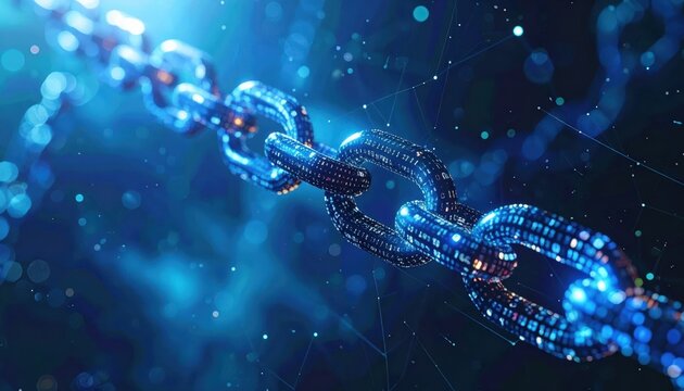 Glowing futuristic chain links with digital data flow appear in a dark blue environment, symbolizing connection, network, and advanced technology with a sense of innovation and seamless communication. - Powered by Adobe