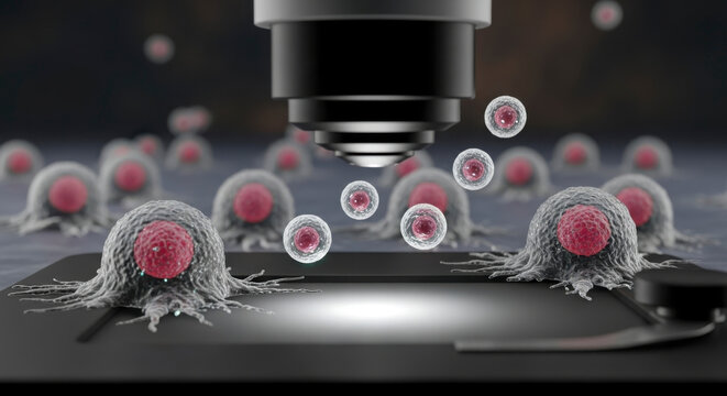 Microscopic view of cells under a microscope studying cellular biology