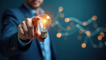 Person in a professional setting points toward a glowing light bulb, symbolizing a bright idea, innovation, and new solutions with blurred lines in a vibrant blue and orange palette, representing...