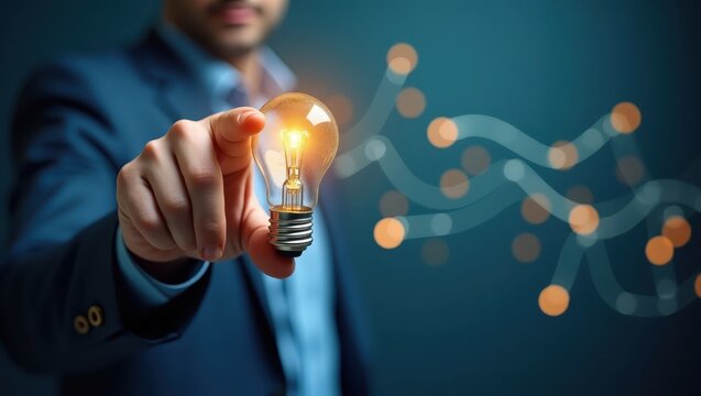 Person in a professional setting points toward a glowing light bulb, symbolizing a bright idea, innovation, and new solutions with blurred lines in a vibrant blue and orange palette, representing...