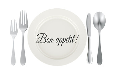 Bon appetit concept with plate and cutlery. 3D rendering