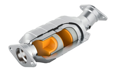 Car catalytic converter, cross section. 3D rendering