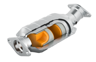 Car catalytic converter, cross section. 3D rendering