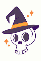 Whimsical Halloween Skull Graphic Illustration with Witch Hat. A cute cartoon character for seasonal designs and spooky themes.