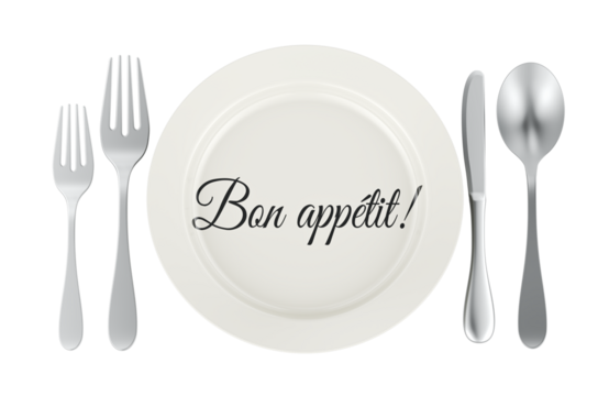 Bon appetit concept with plate and cutlery. 3D rendering