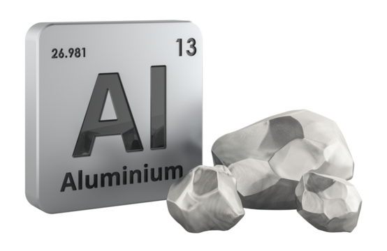 Aluminium symbol and metallic aluminium nuggets. 3D rendering